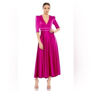 Mac Duggal Satin Rhinestone Encrusted Puff Shoulder Dress Fuschia NEW WITH TAG